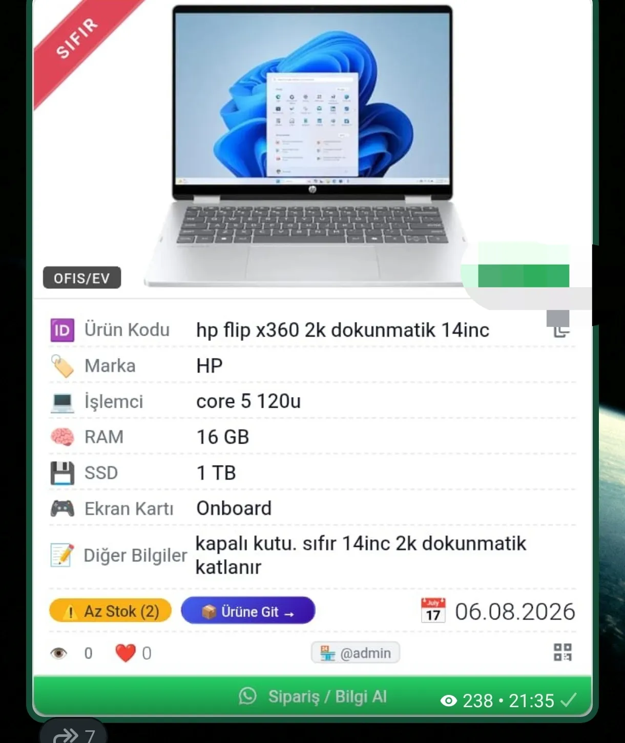 HP omnibook flip 14inc 2k HP flip 2 x360 katlanÄ±r laptop_copy - core 5 120u 16 GB 1 TB price_label: 37000 TL